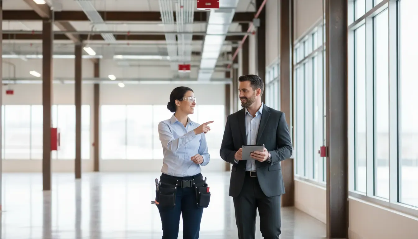 Fire alarm technician and Atlanta business manager reviewing a commercial facility handoff