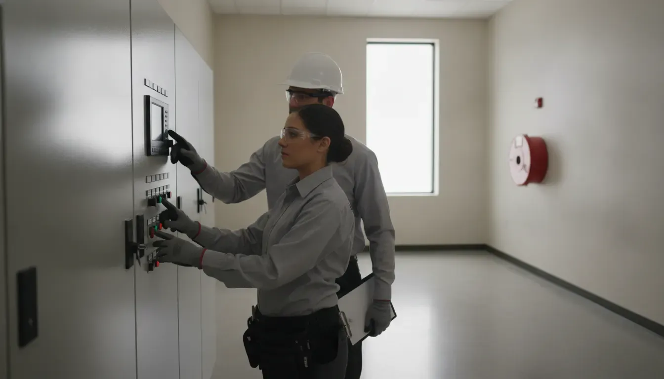 Technician conducting a supervised fire alarm control panel test in a commercial facility