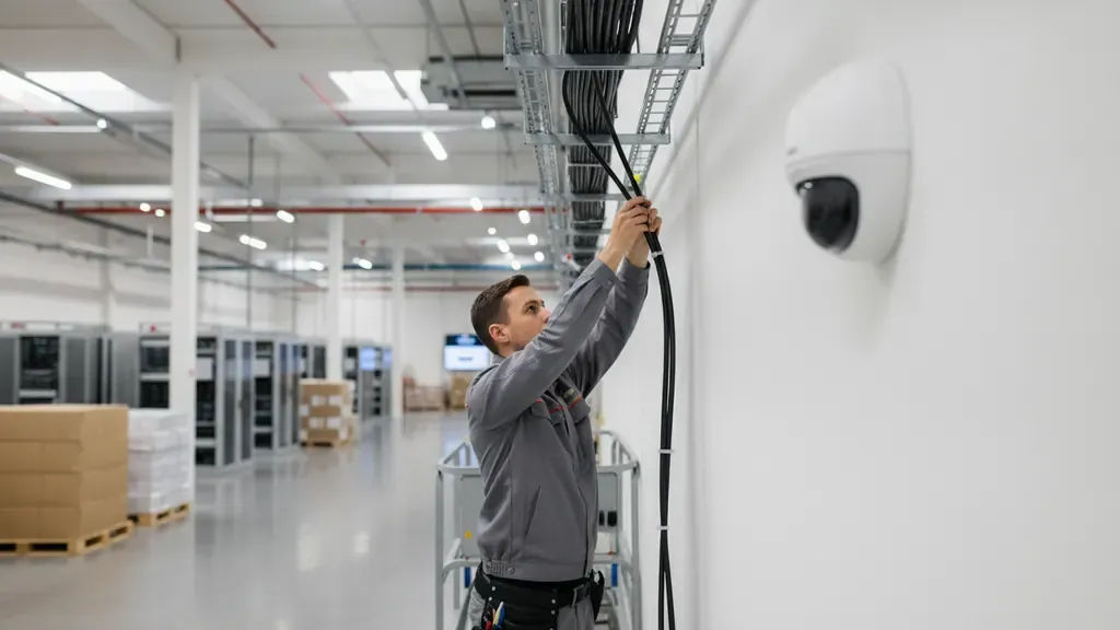 Technician routing protected cabling in a commercial warehouse security installation