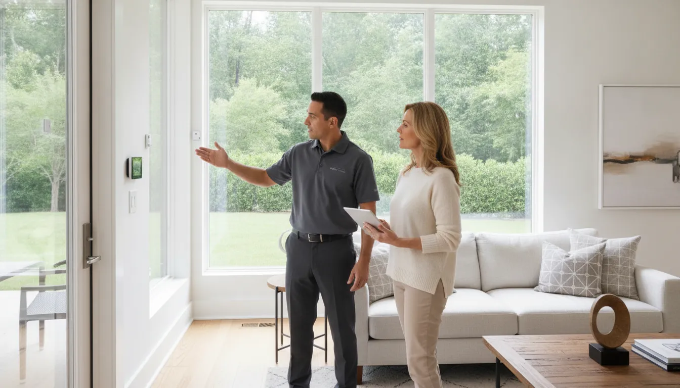 Technician reviewing wireless alarm equipment for a home installation