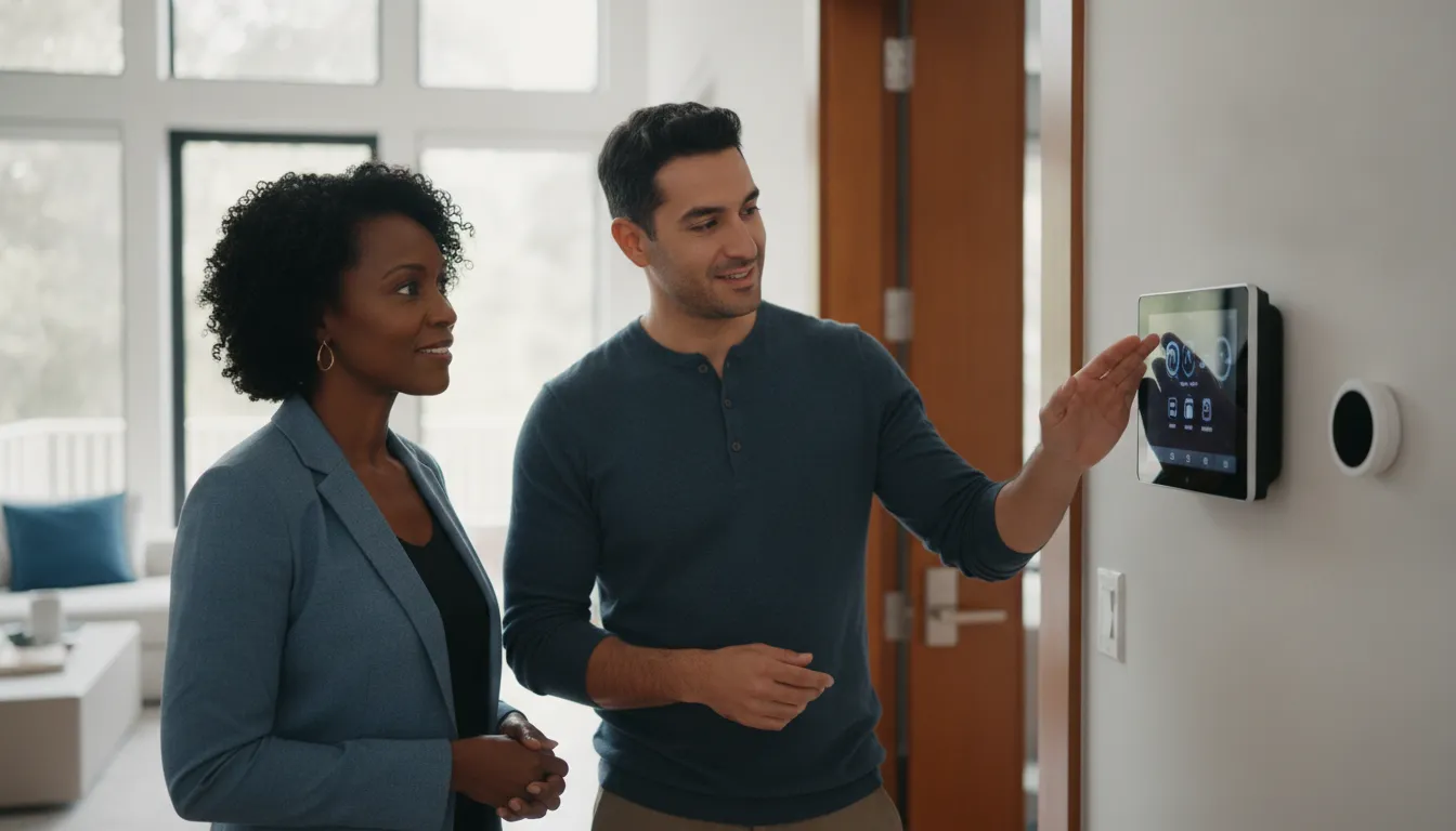 Security technician reviewing smart home integration with an Atlanta homeowner