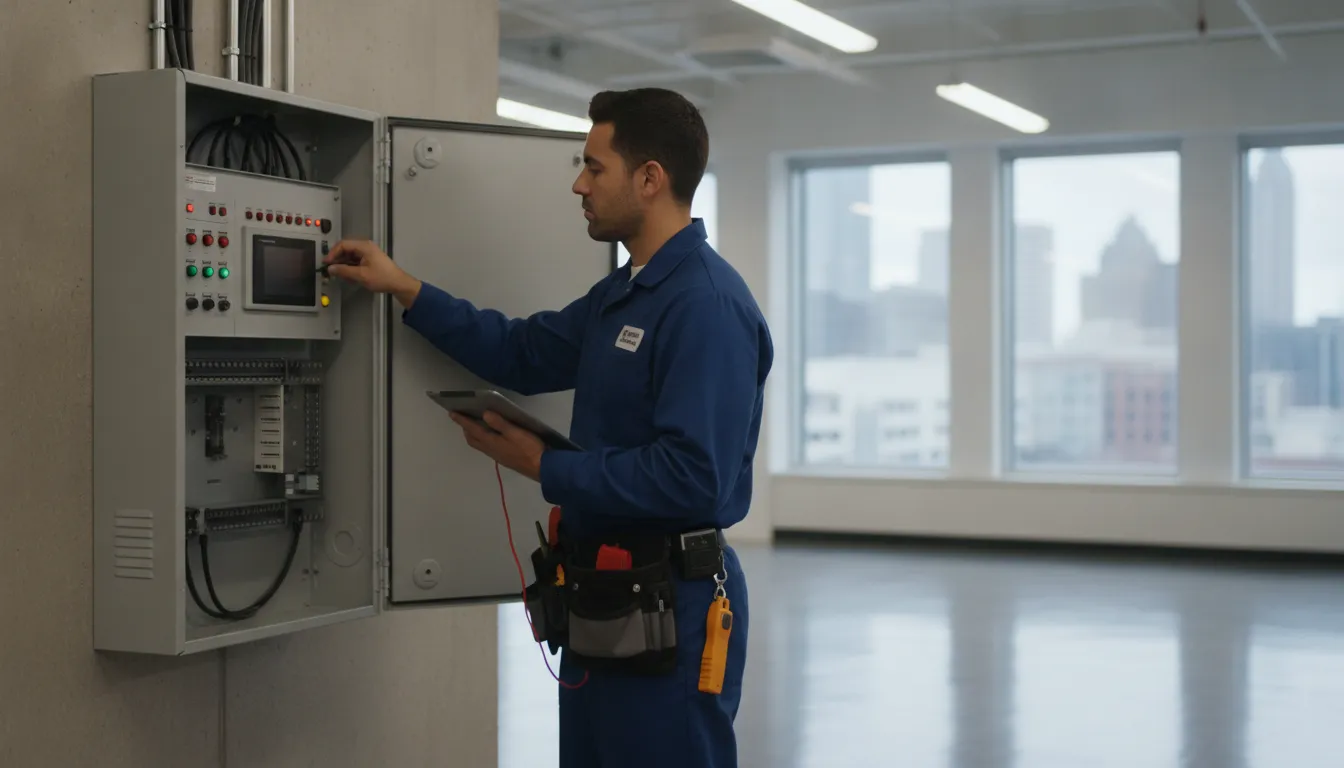 Certified fire alarm technician performing inspection on commercial fire alarm equipment in Atlanta