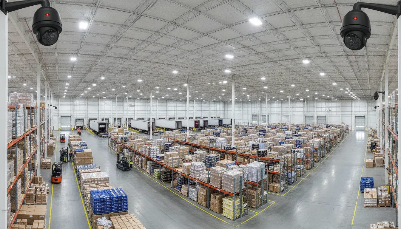 Warehouse security cameras covering aisles and loading areas