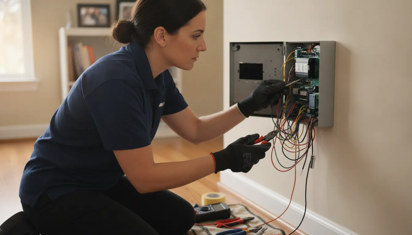 Alarm technician inspecting a security system control panel