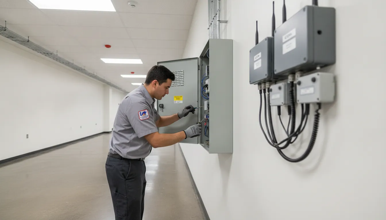 Technician inspecting commercial alarm monitoring signal equipment in Atlanta