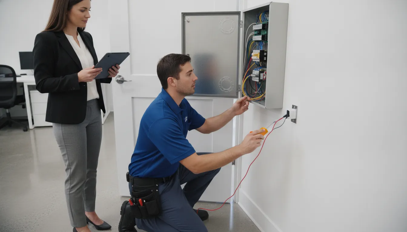 Technician testing a commercial alarm system during a service visit