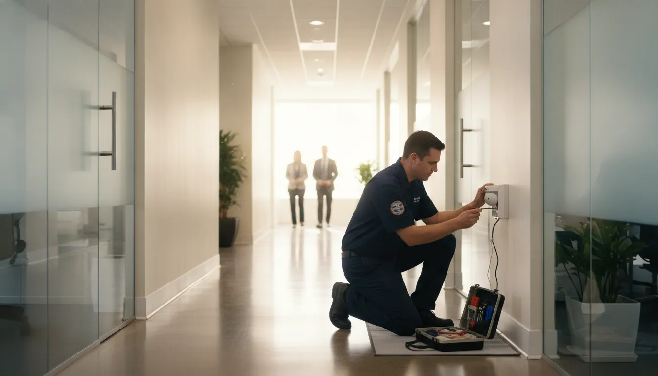 Technician inspecting a commercial alarm system in an Atlanta office