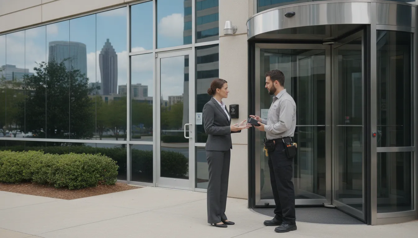 Technician reviewing a business security alarm system during service