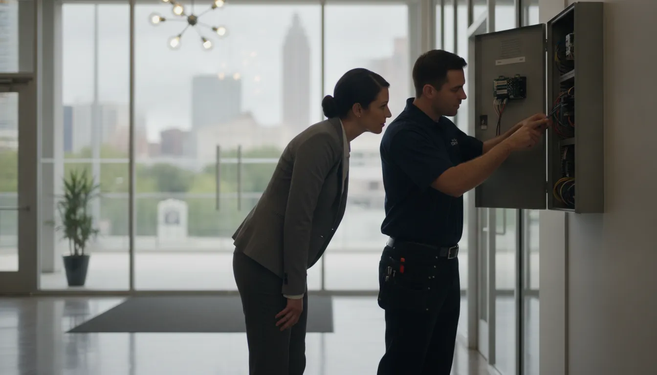Atlanta security technician reviewing an alarm control panel with a business owner