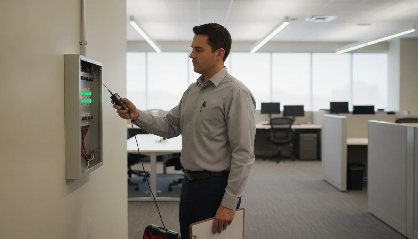 Technician testing a commercial fire alarm control panel in a Douglasville business
