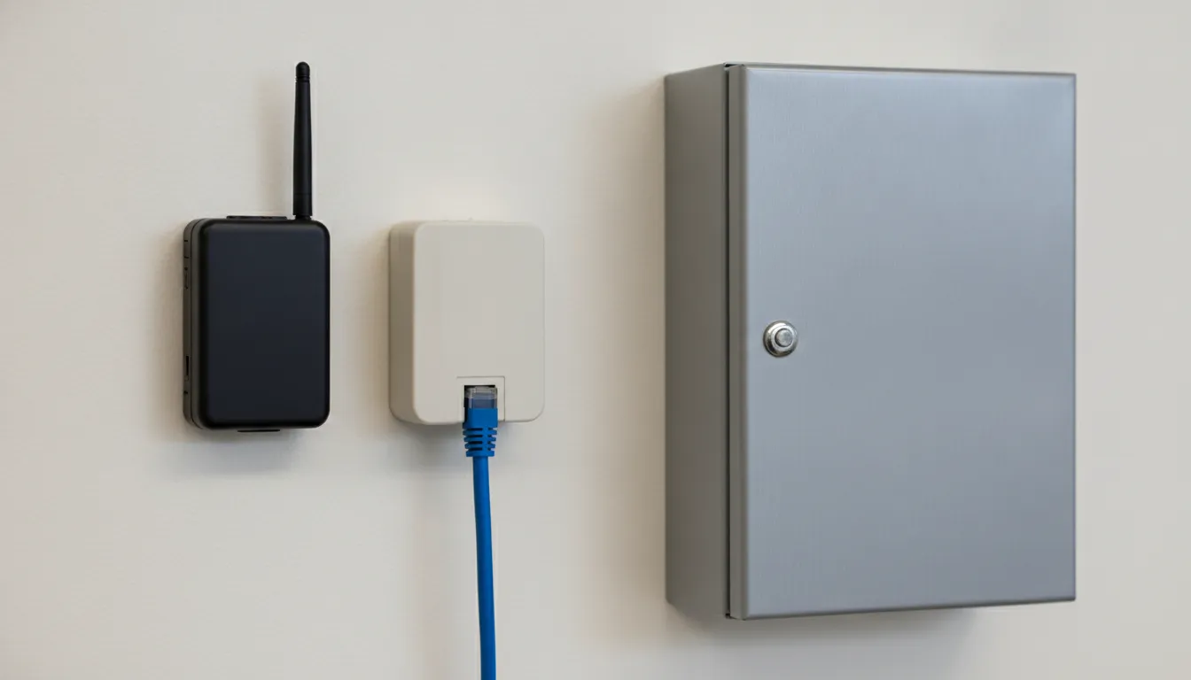 Two separate commercial alarm communicators mounted beside a closed alarm cabinet