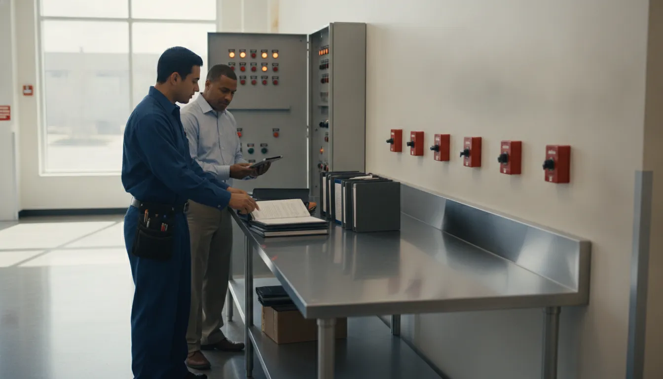 Technician and facility manager preparing a commercial fire alarm inspection