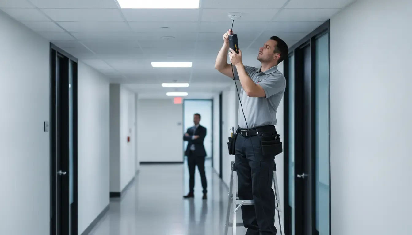 Technician testing a commercial smoke detector during Atlanta fire alarm maintenance