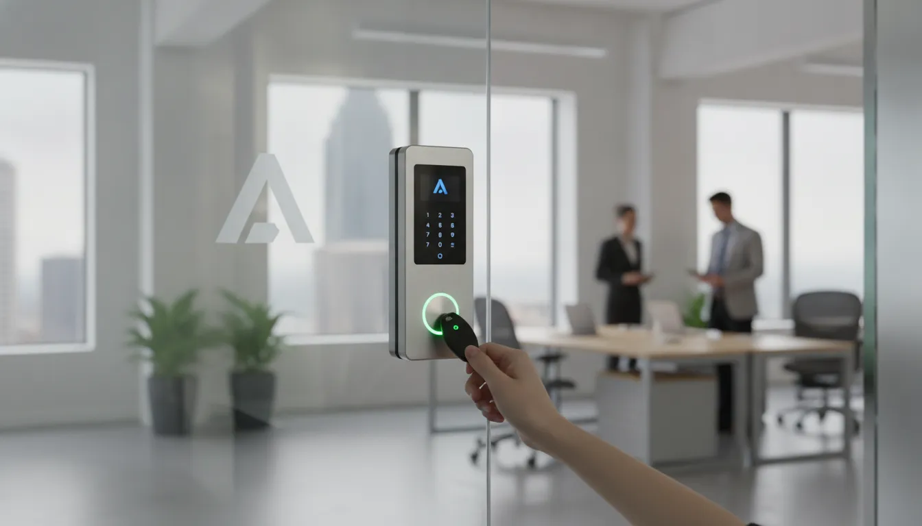 Modern commercial office access control key fob reader on glass entry door