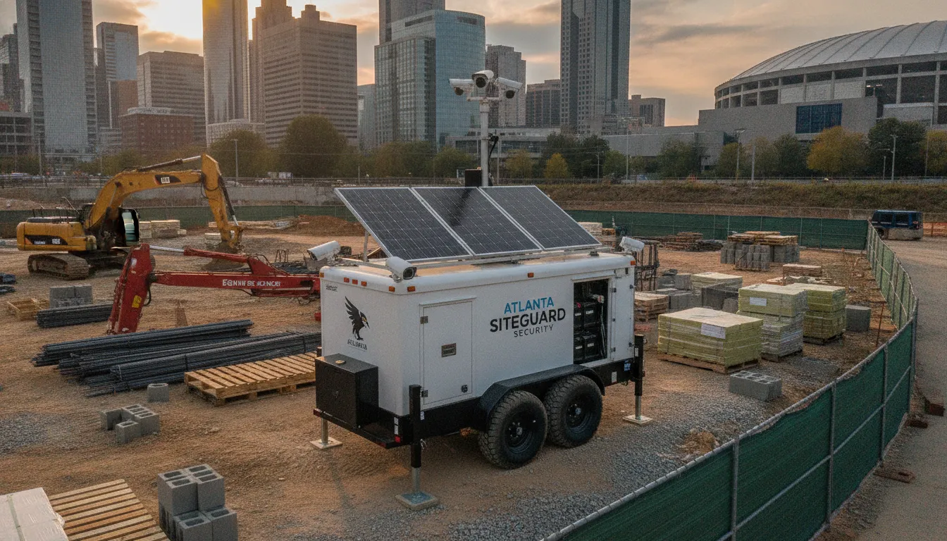 Solar-powered mobile surveillance trailer monitoring an active construction site in Atlanta