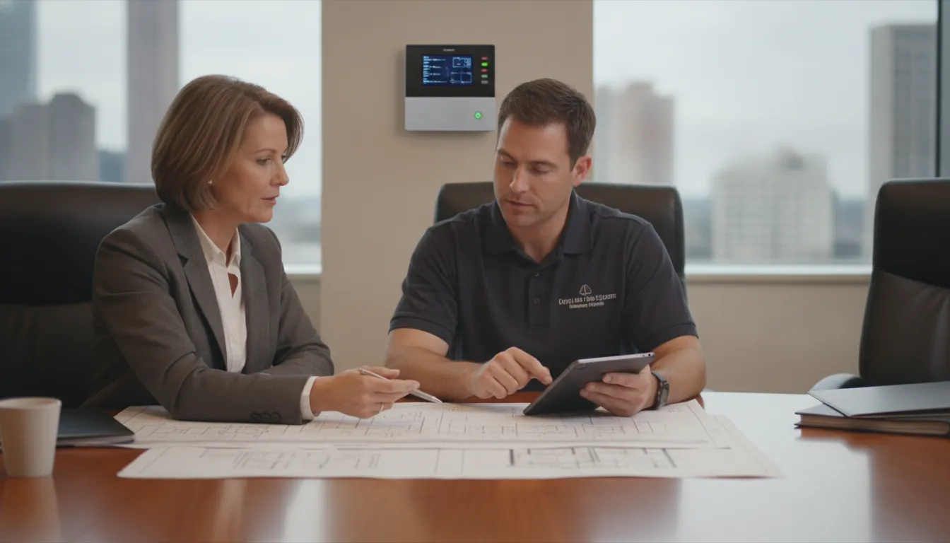 Atlanta property owner meeting with a security specialist about a monitoring agreement