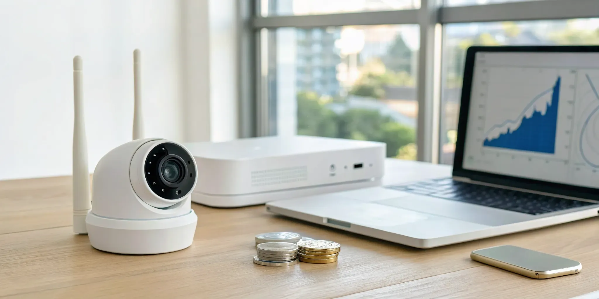 Home security system with professional monitoring equipment showing insurance discount savings chart