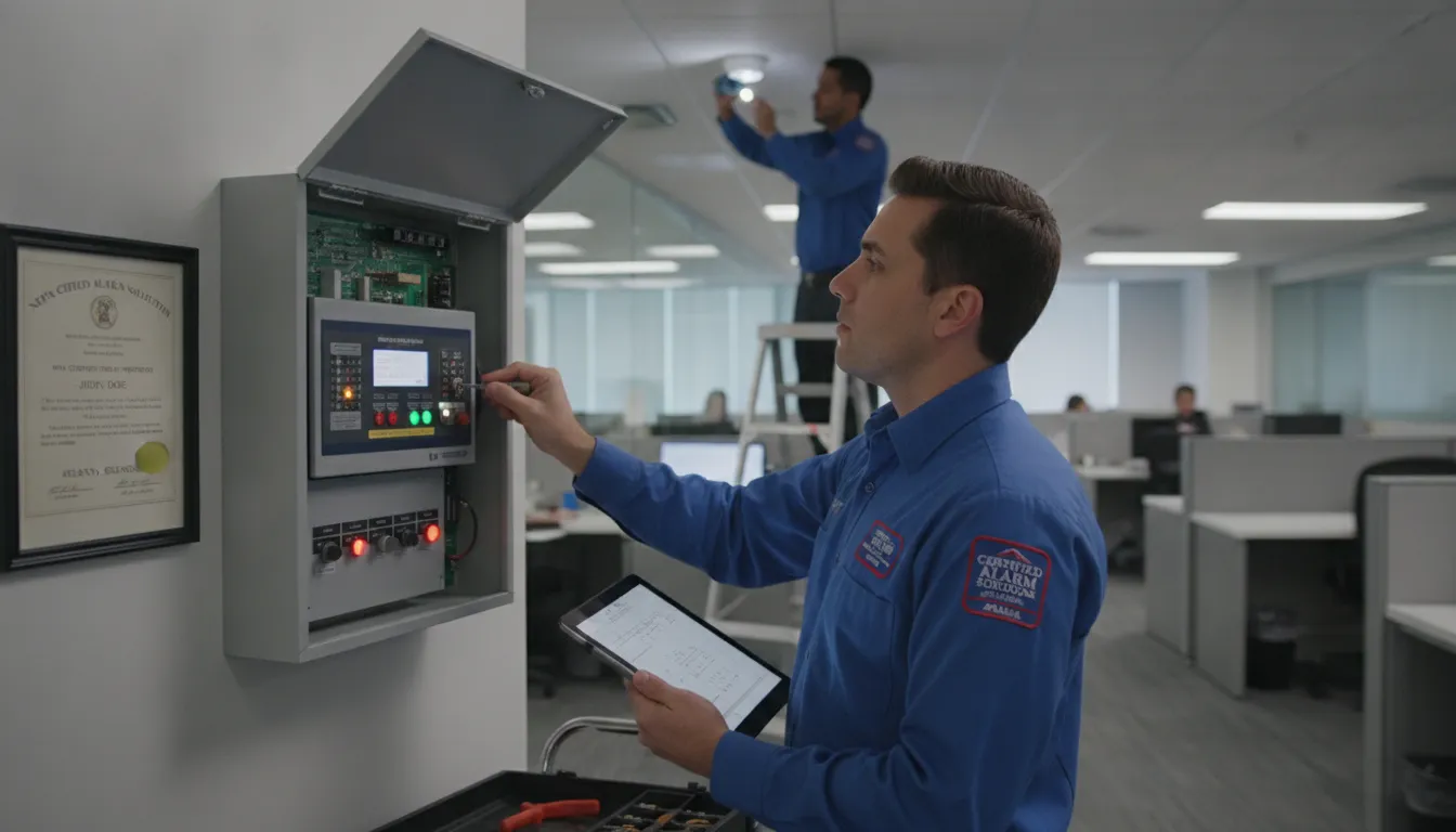 Commercial fire alarm control panel and smoke detector installed in Atlanta office building