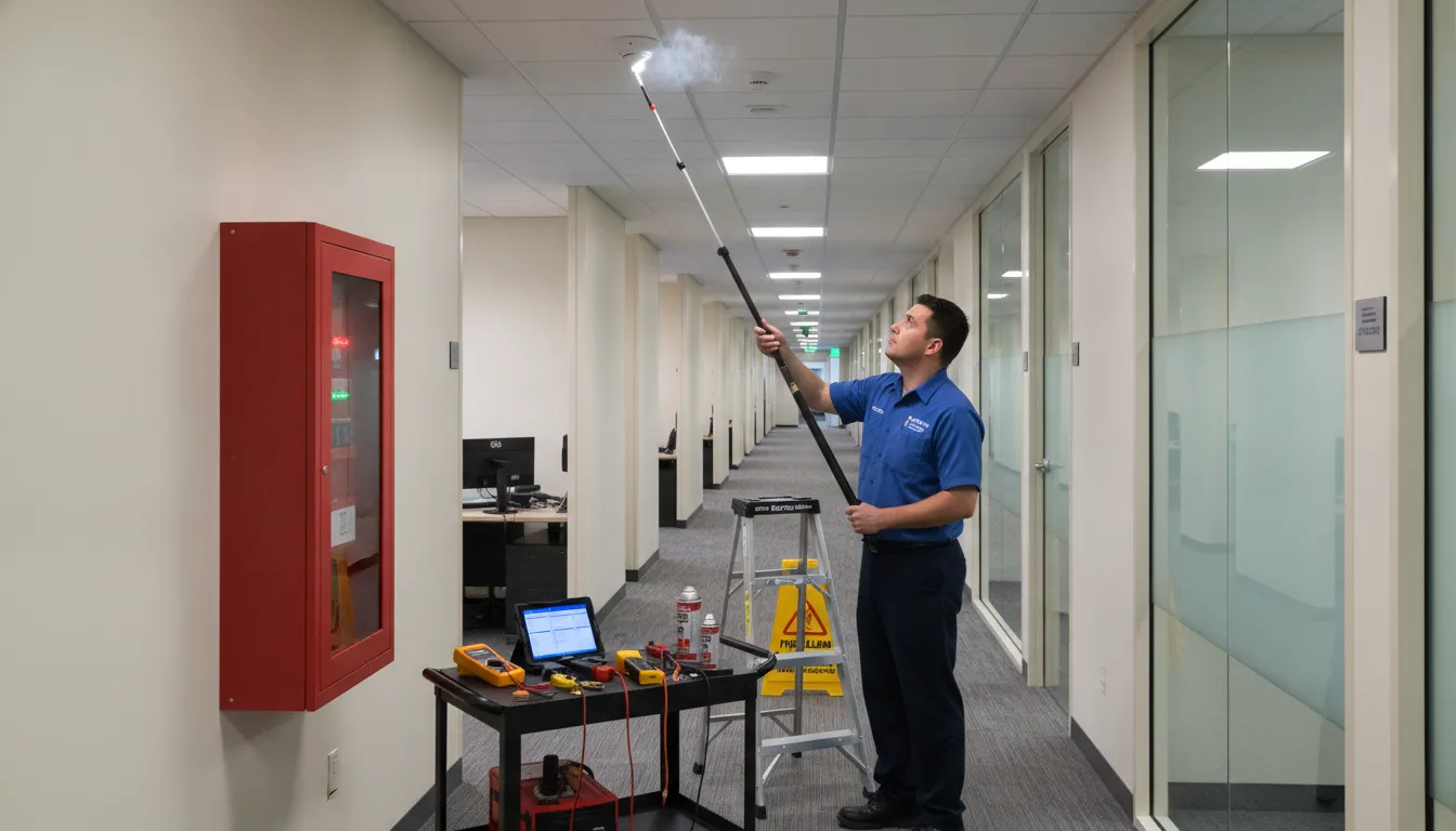Fire alarm technician testing a smoke detector in an Atlanta commercial office building hallway