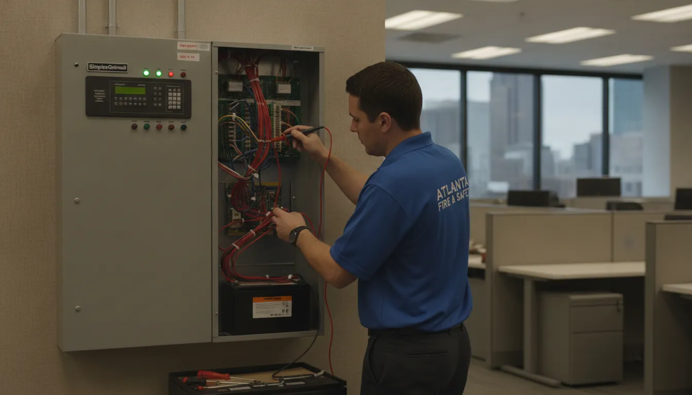 Commercial fire alarm control panel with backup battery system in an Atlanta business facility