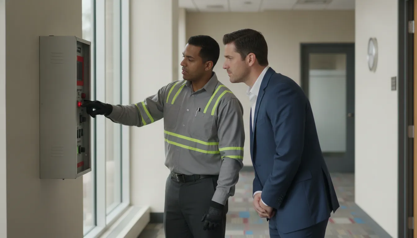 Technician reviewing a commercial fire alarm control panel with a property manager