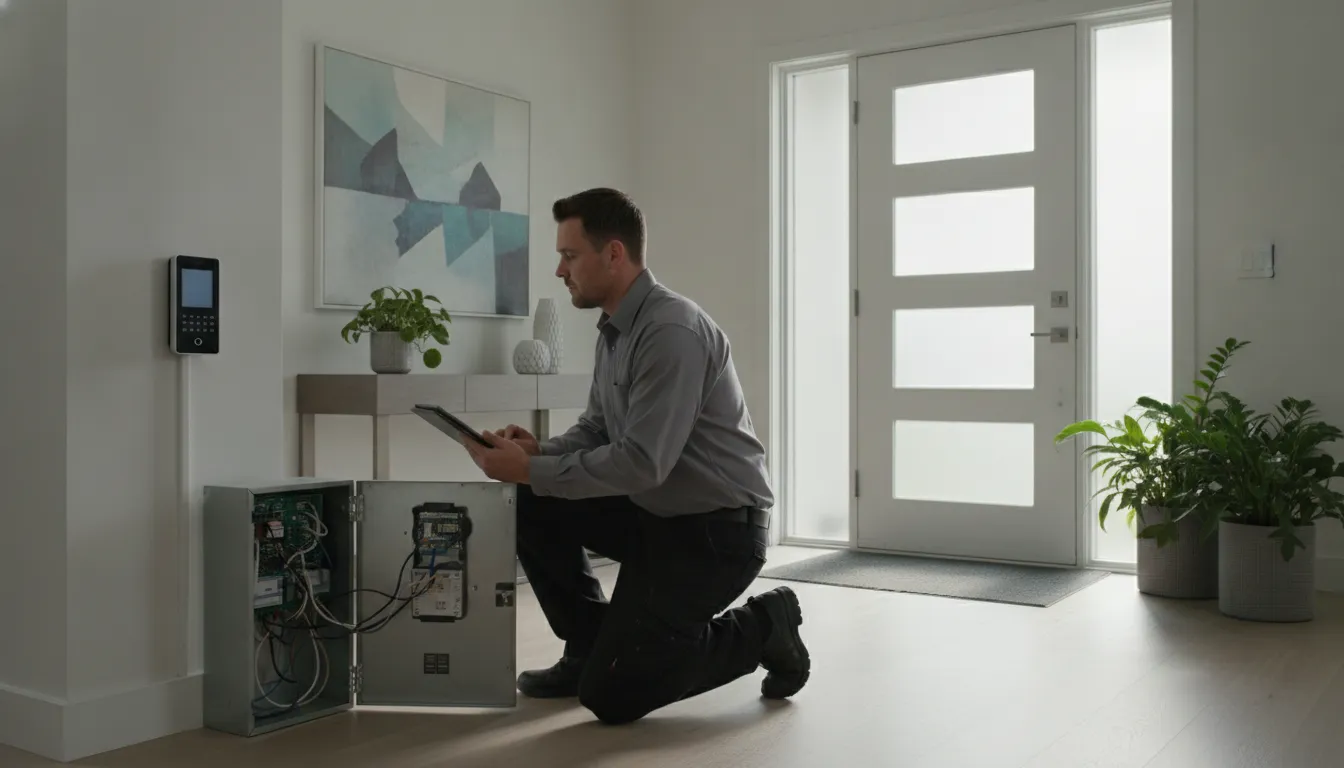 Technician checking no contract alarm monitoring equipment in an Atlanta property