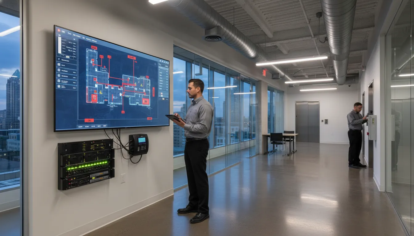 American Alarm technician planning long-term commercial alarm system service in Atlanta