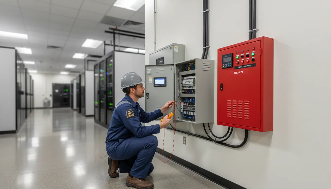American Alarm technician inspecting commercial alarm and access control equipment
