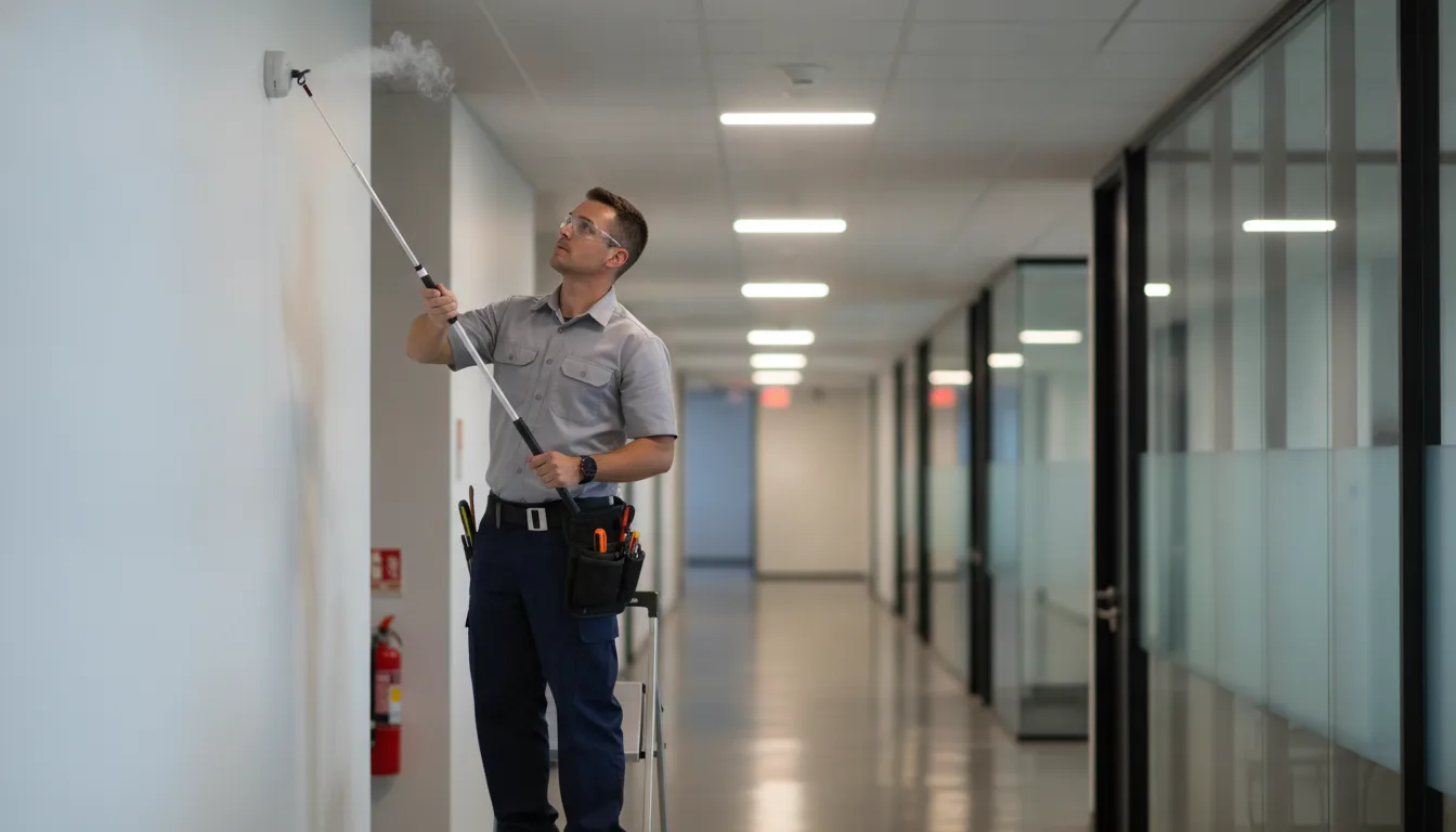 Technician testing a smoke detector for a fire alarm system in Decatur