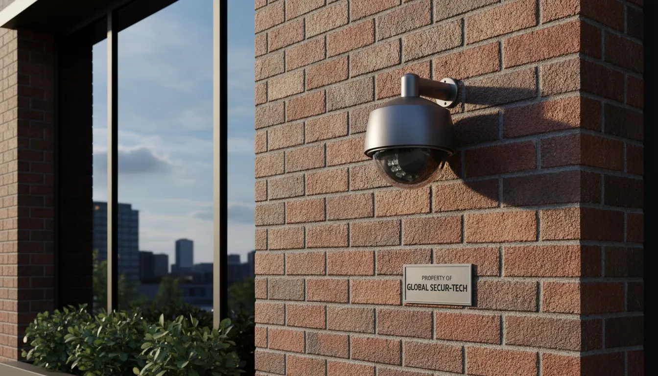 A professional security camera installation on a brick office building exterior in Atlanta