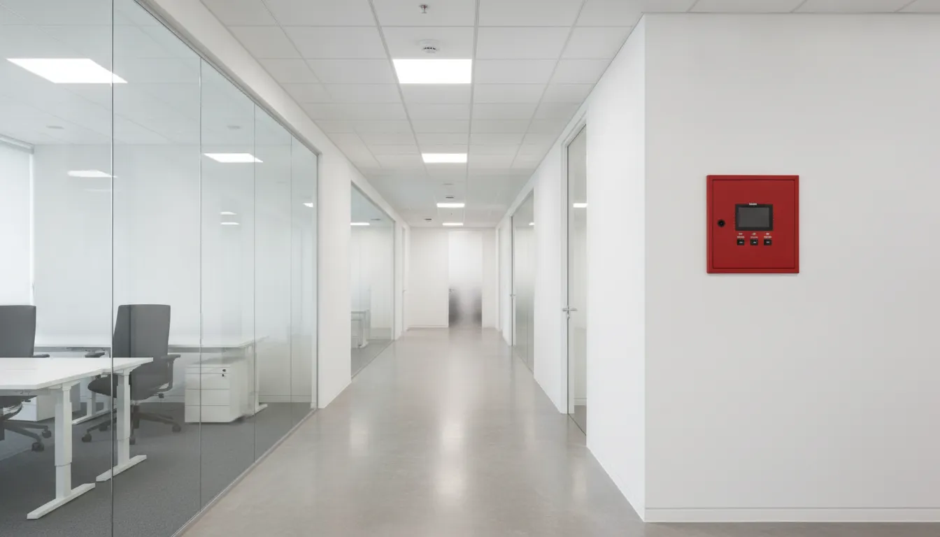 Ceiling smoke detector and fire alarm control panel in a commercial office corridor in Smyrna, Georgia