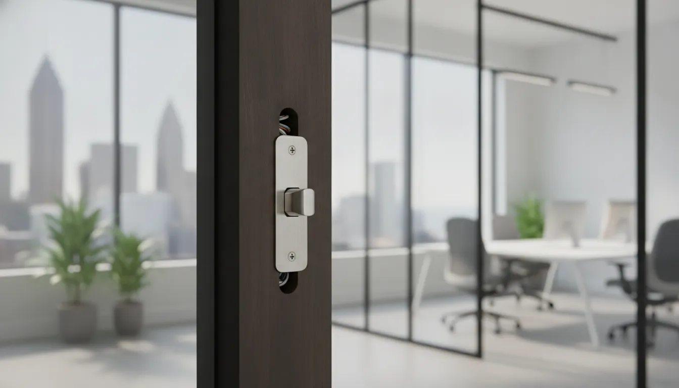 An electric strike lock neatly installed on a commercial wooden door frame in an Atlanta office.