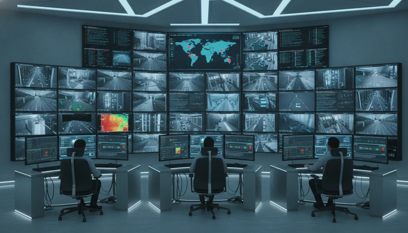 Trained security professionals monitoring live video feeds in a central monitoring station