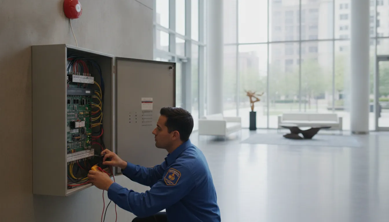 Commercial building front with a visible fire alarm control panel