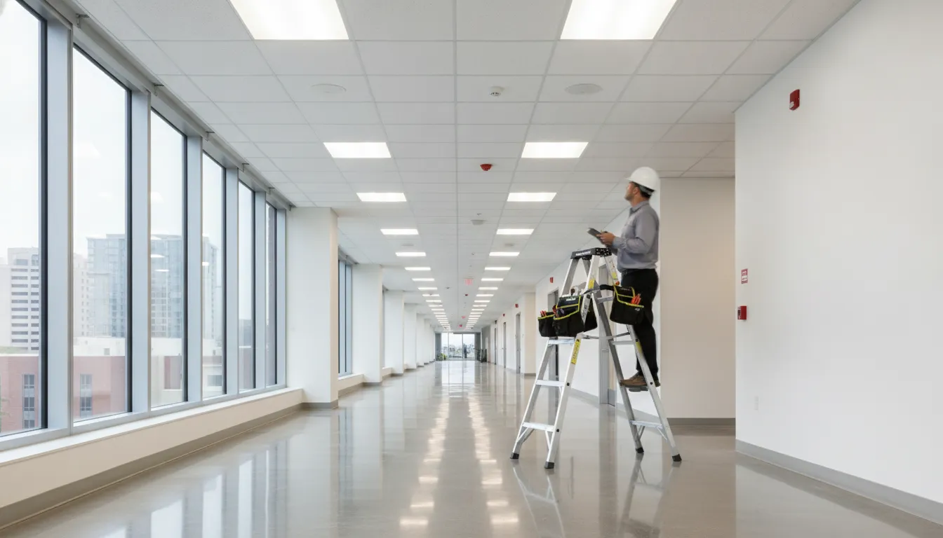 Fire alarm technician inspecting life-safety devices in an Atlanta commercial facility