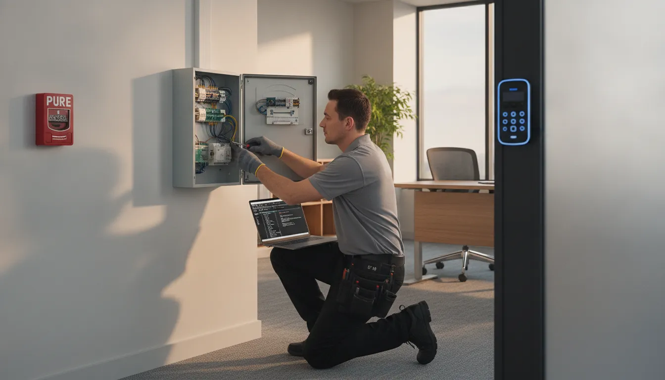 Marietta alarm company technician reviewing a commercial security panel