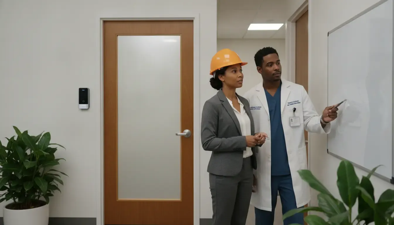 Medical office access point designed to guide patients and staff through separate routes