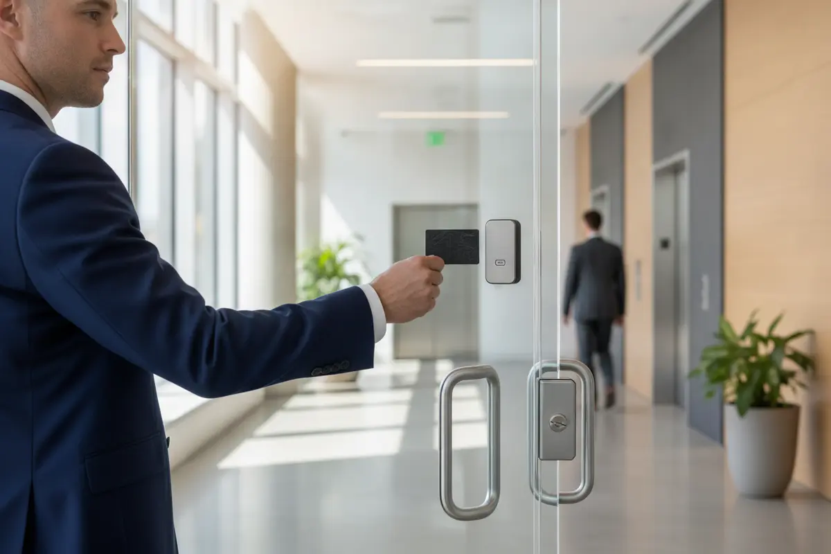 Office entrance with a credential reader and clear visitor approach