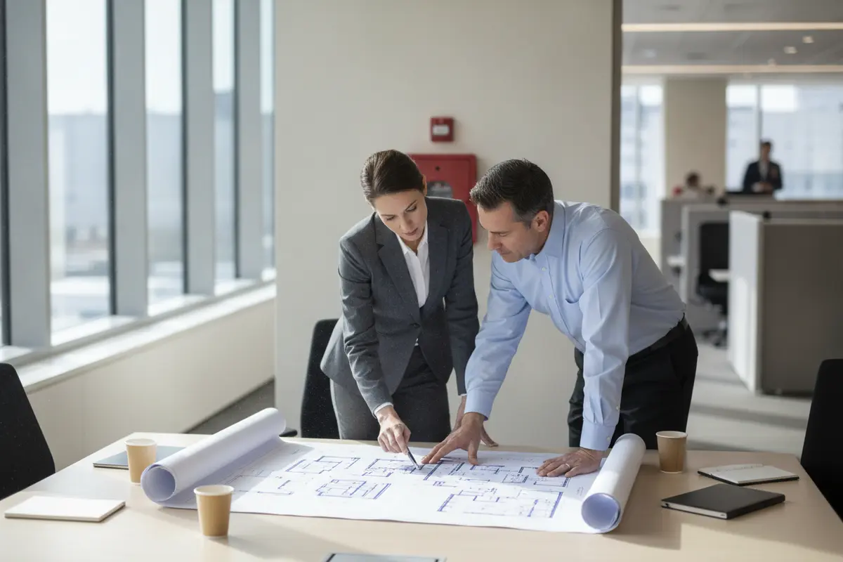 Property manager and fire alarm professional reviewing commercial building plans