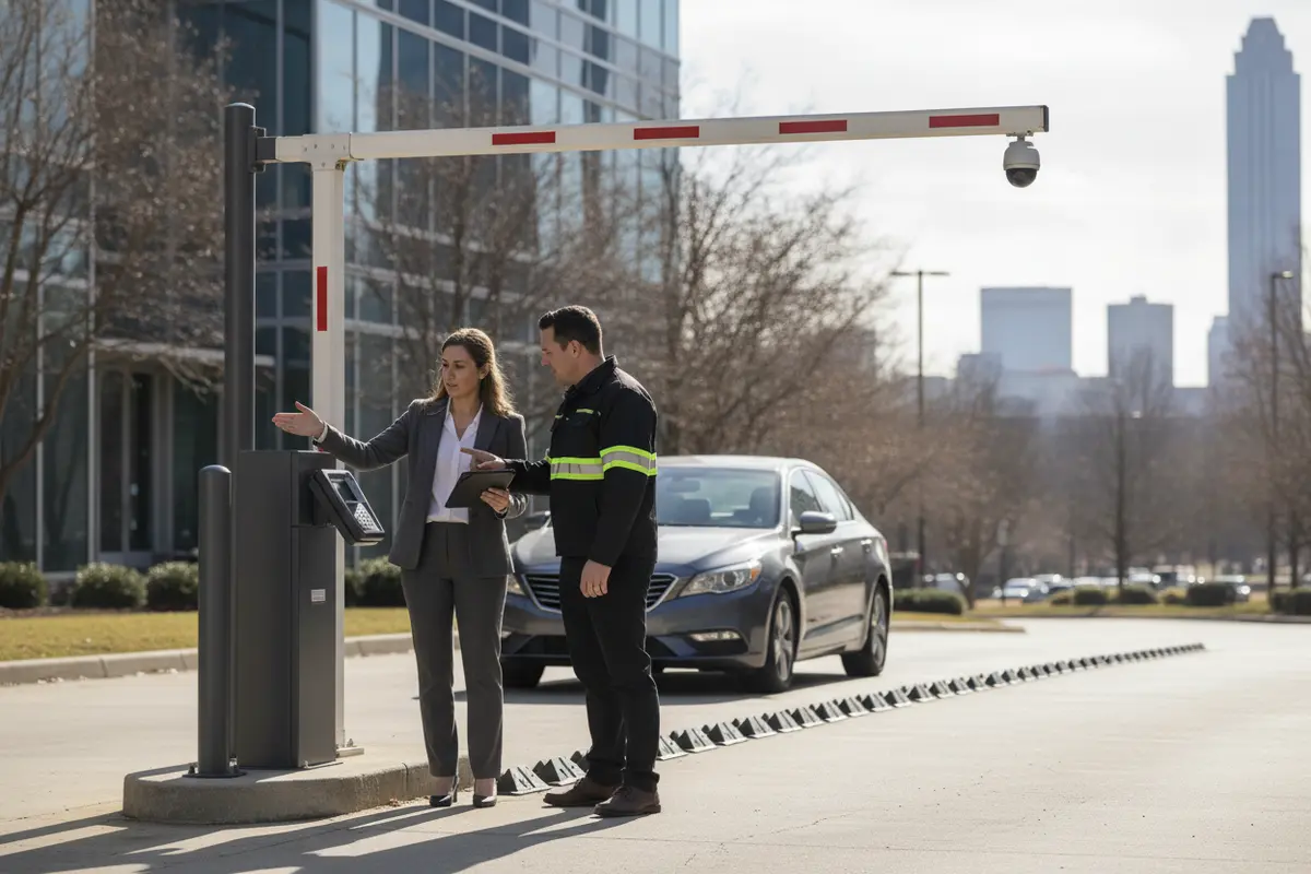 Property manager reviewing a commercial entrance lane and gate placement