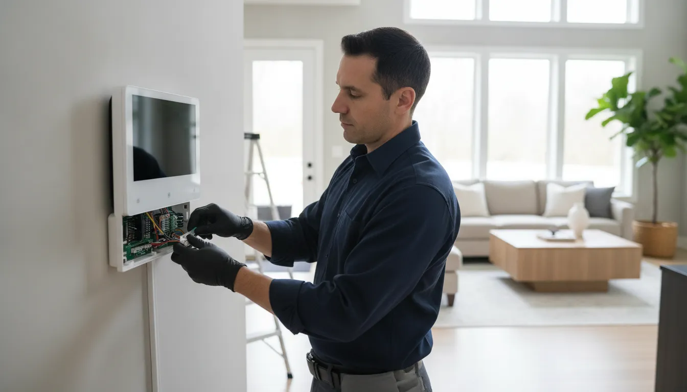 Roswell GA alarm company technician inspecting an installed security system