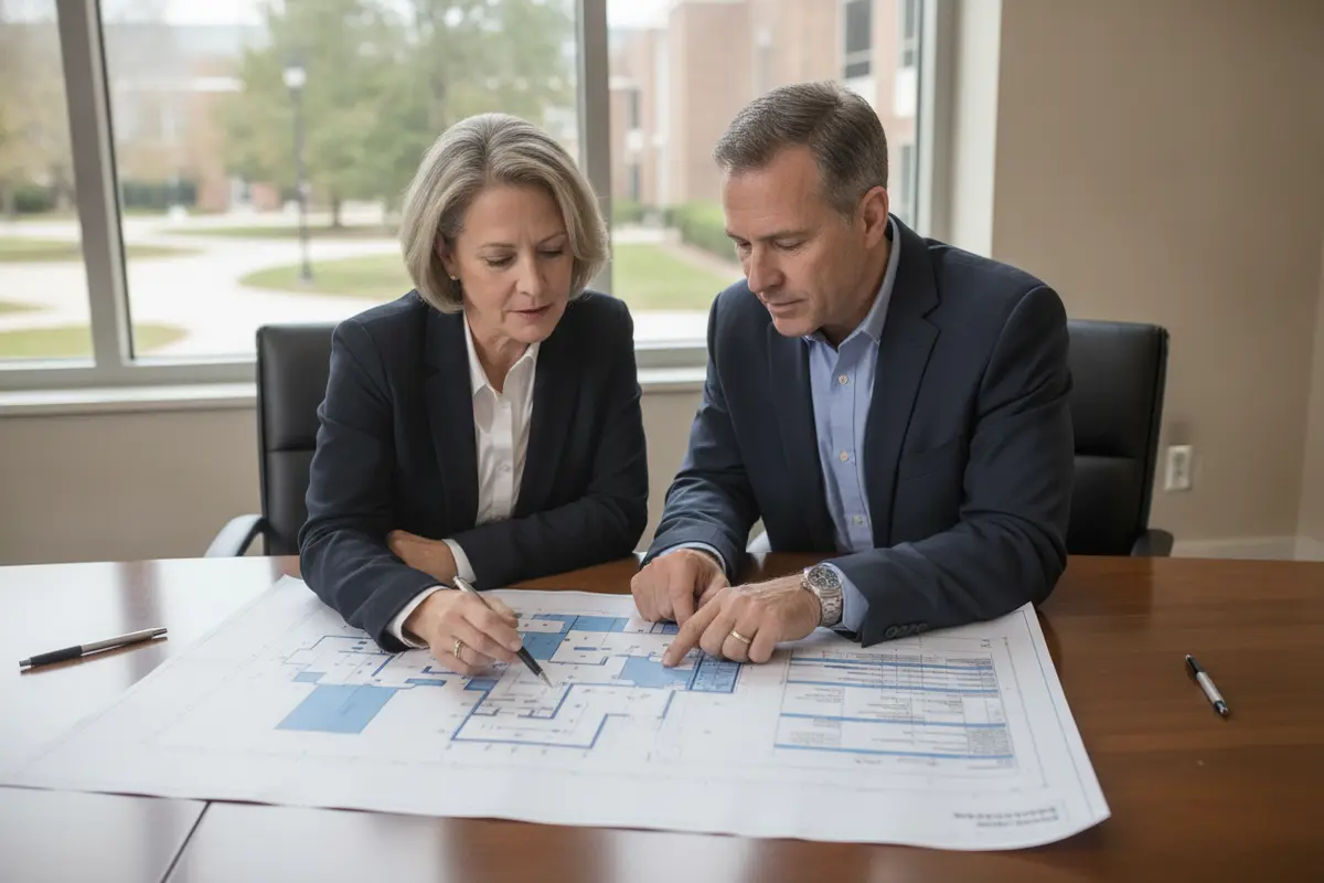 School administrator reviewing a door schedule and entry plan