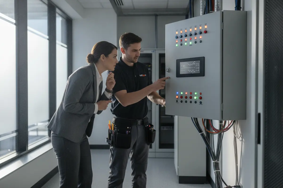 Technician and facility manager checking a commercial fire alarm control panel