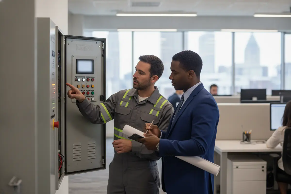 Technician and facility manager document an existing commercial fire alarm panel before replacement planning