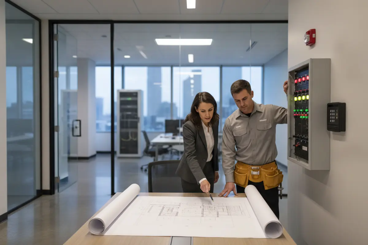 Technician and facility manager reviewing commercial alarm and access planning