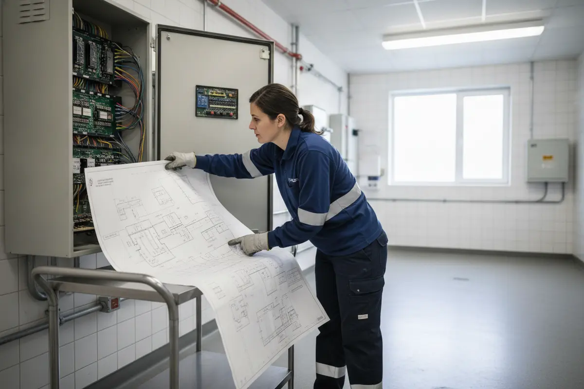 Technician reviewing a fire alarm panel and system documentation at a commercial facility