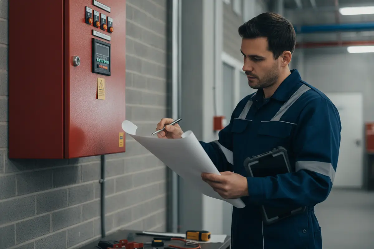Technician reviewing a fire alarm service report beside a control panel