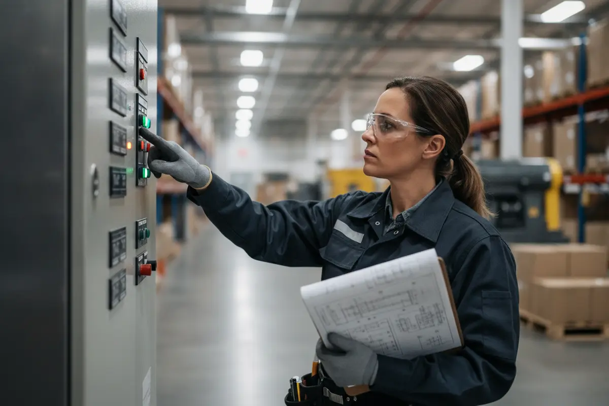 Technician reviewing a warehouse fire alarm panel and system documents