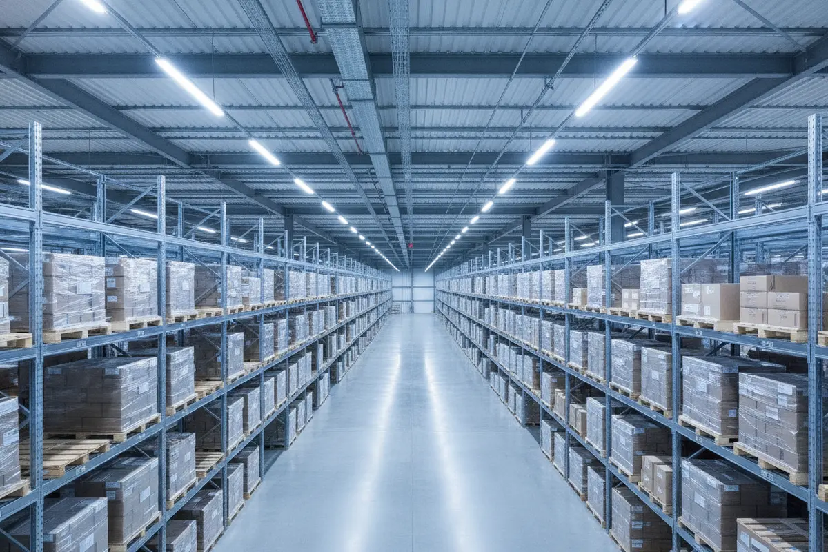 Warehouse storage aisles and high rack layout viewed from above