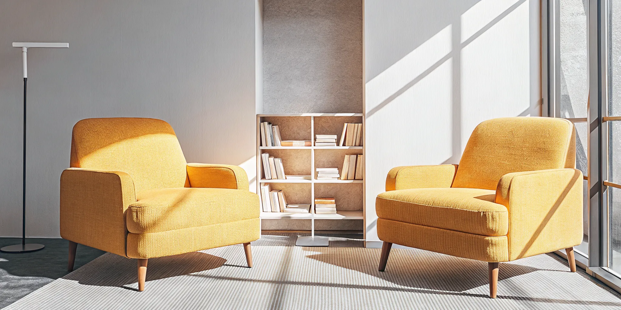 Cozy therapy office with two armchairs facing each other and soft lamp lighting representing a safe therapeutic space